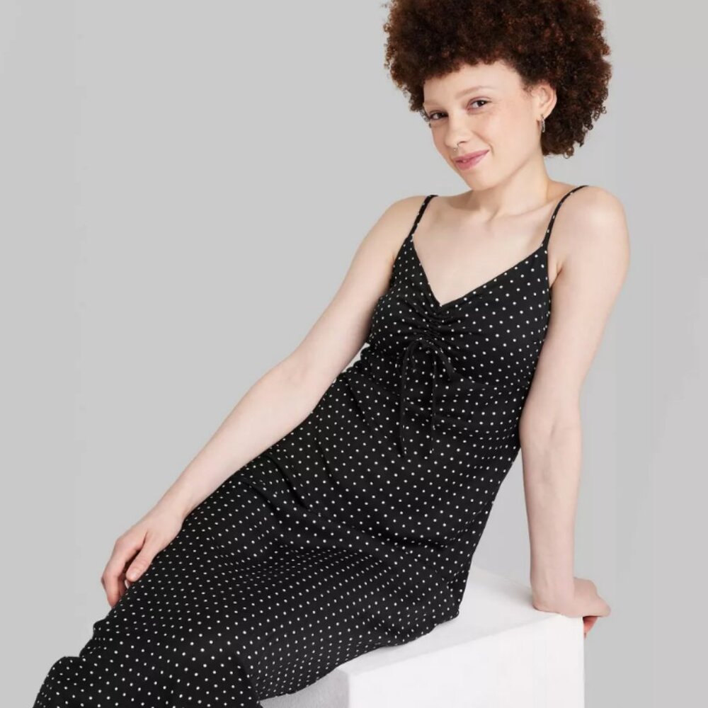 NWT Women's Ruched Front Maxi Slip Dress - Wild Fable Black Polka Dots